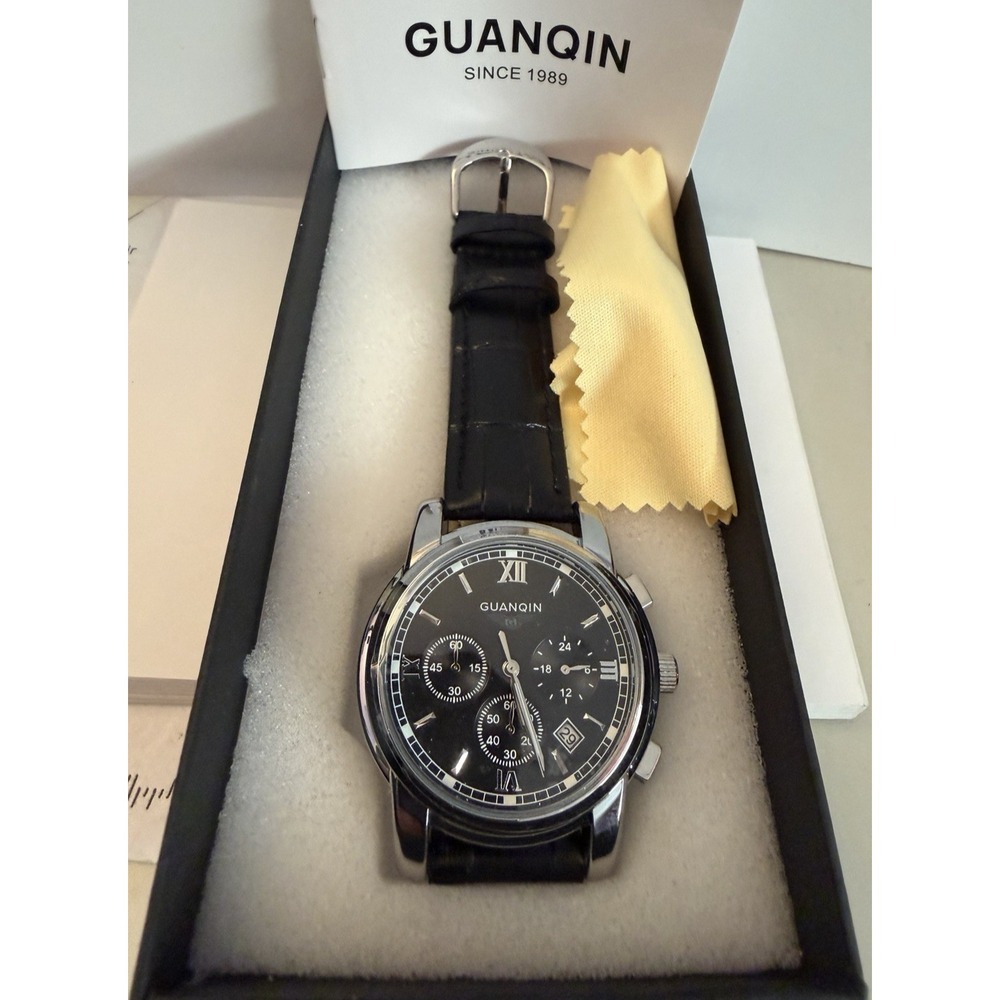 QUANQIN Mens Stainless Steel Watch NEW Quartz Leather Band